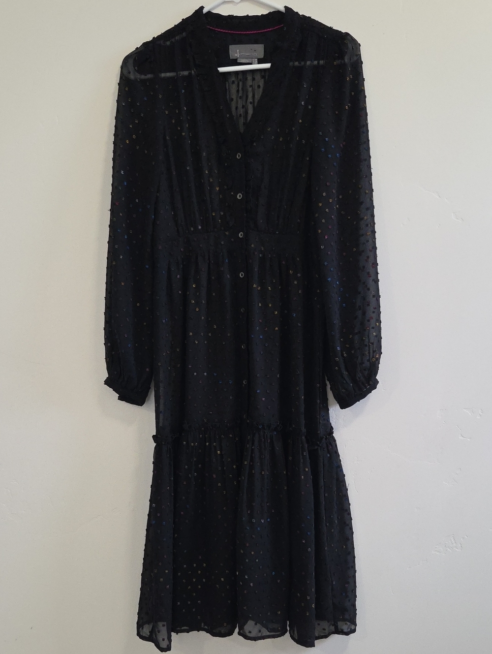 Anthropologie Audrey Clip Dot Black Textured Long-Sleeve Midi Dress - Picture 4 of 8